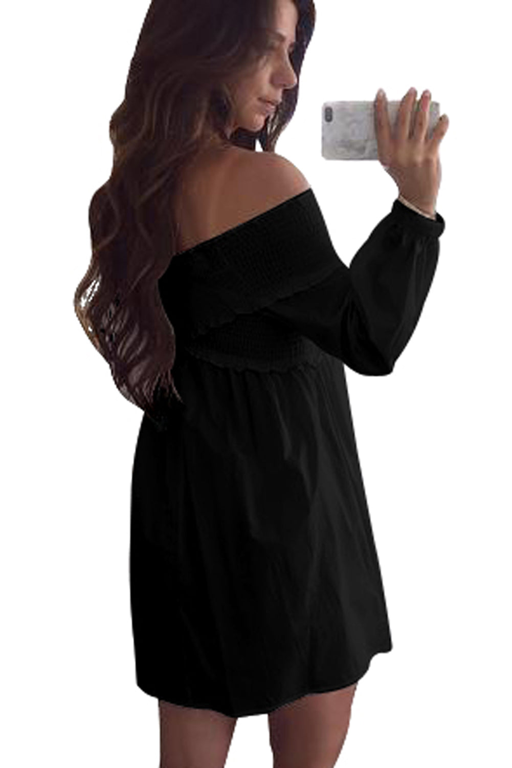 Black Crossed Smocking Off Shoulder Mini Dress