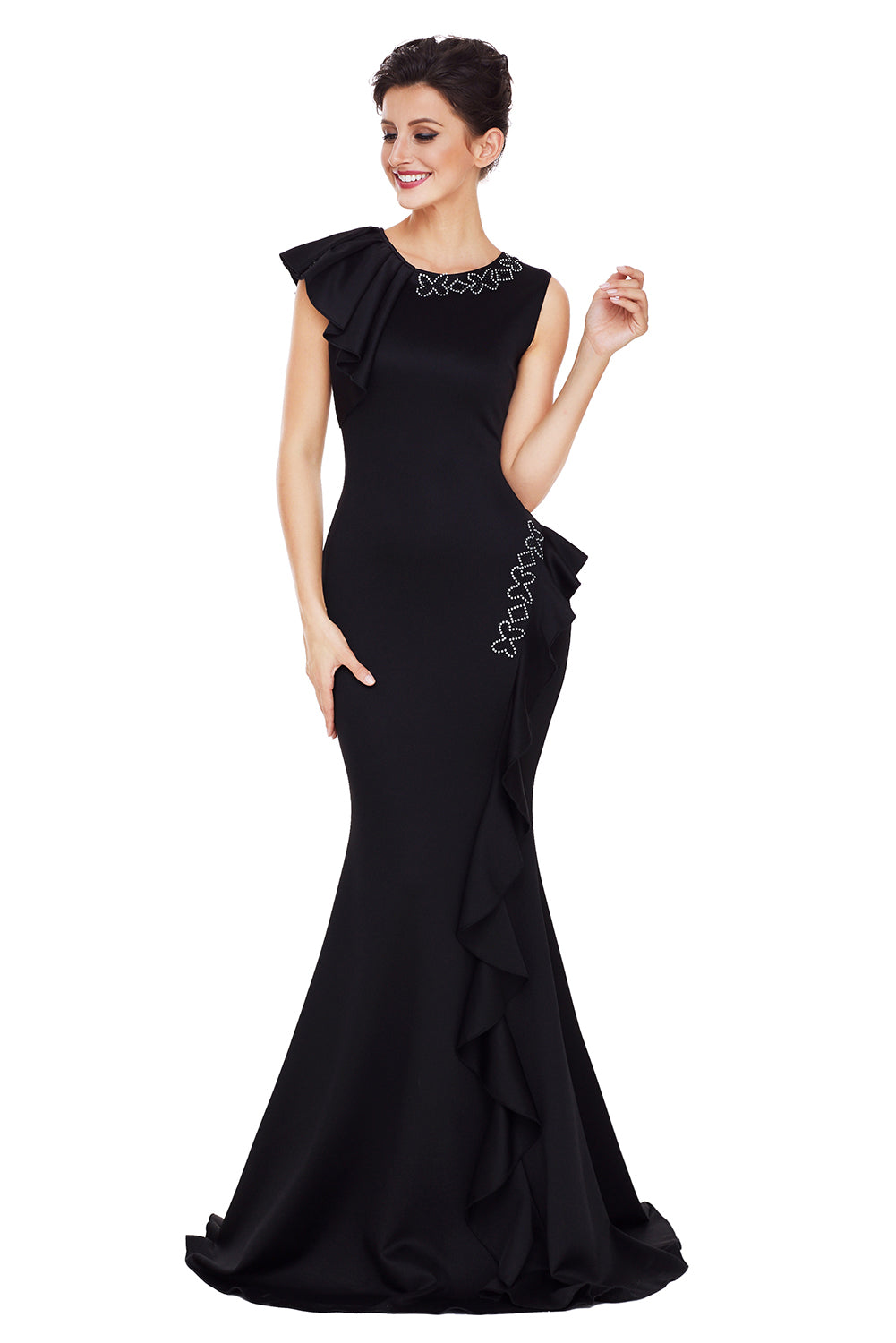 Black Asymmetric Pleats Detail Elegant Long Party Dress