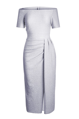 Gray Off Shoulder Short Sleeve Metallic Slit Party Dress