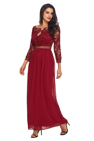Wine Lace Crochet Quarter Sleeve Maxi Dress