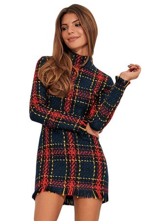 Long Sleeve Tassels Bodycon Mini Tweed Dress