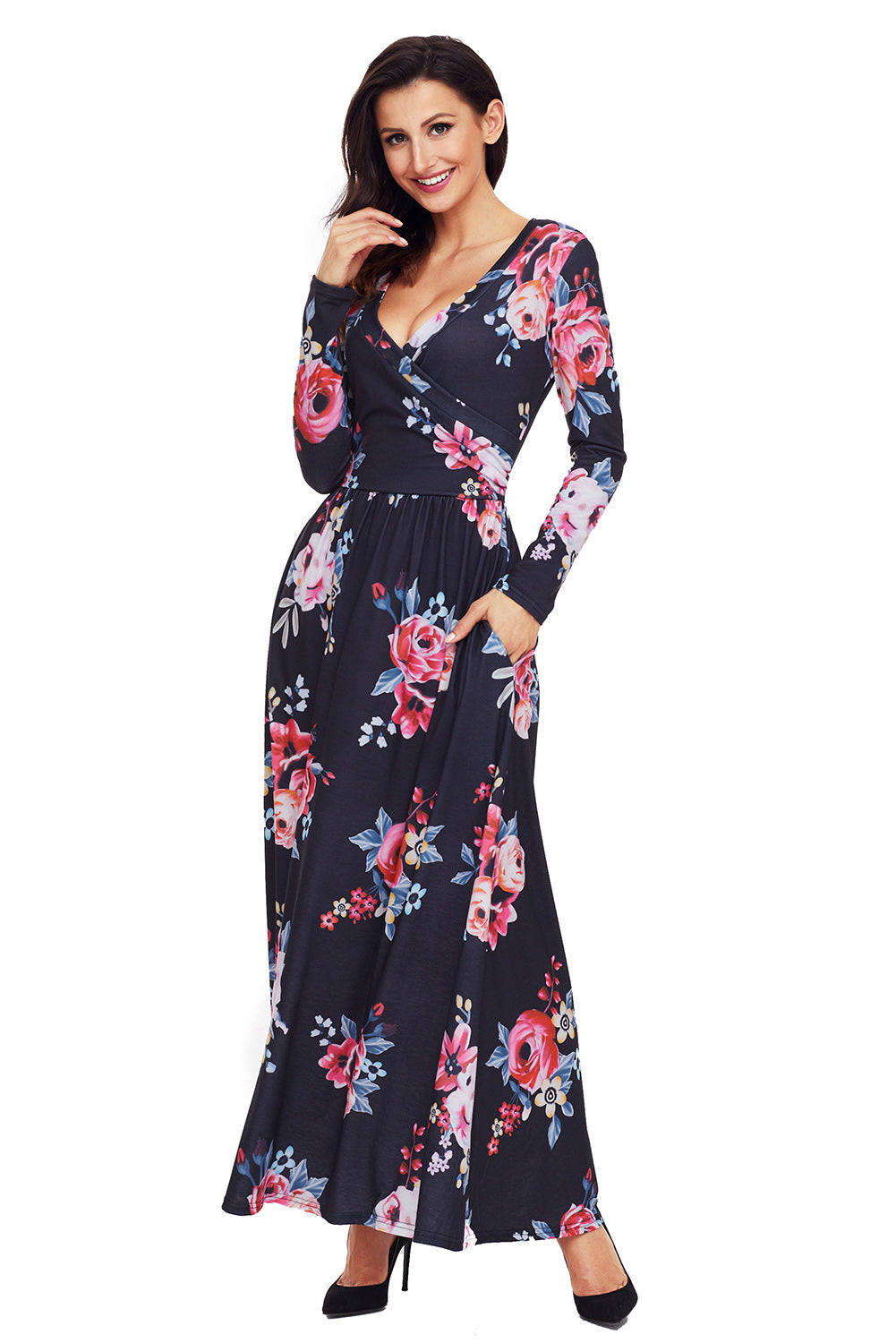 Black Floral Surplice Long Sleeve Maxi Boho Dress