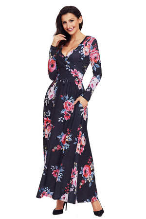 Black Floral Surplice Long Sleeve Maxi Boho Dress