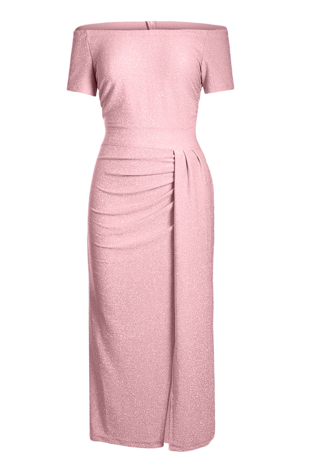 Pink Off Shoulder Short Sleeve Metallic Slit Party Dress