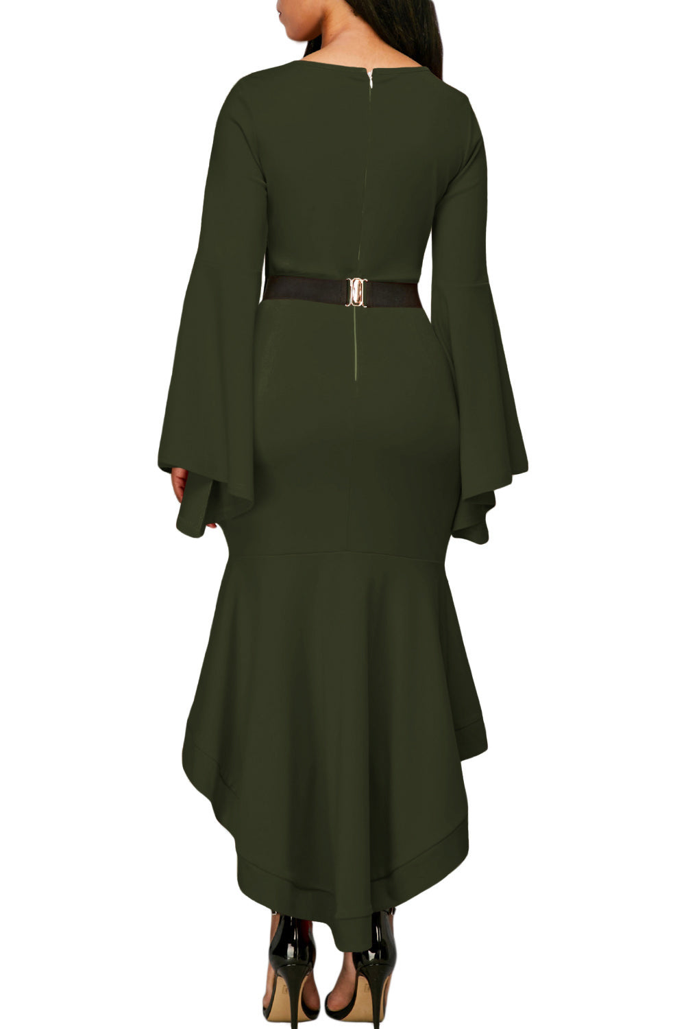 Olive Green Bell Sleeve Dip Hem Belted Dress