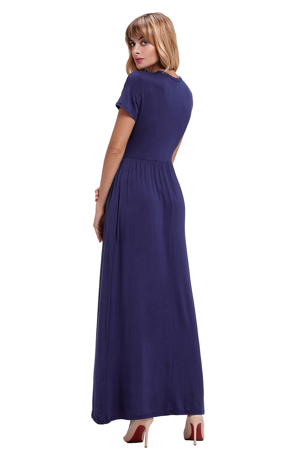 Navy Blue Short Sleeve Ruched Waist Maxi Dress