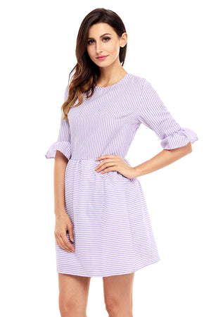 Purple White Stripe Flounce Sleeve Seersucker Dress