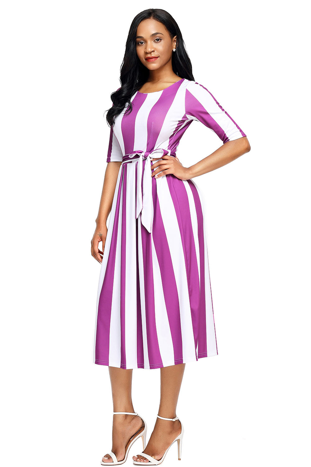 Purple Stripe Print Half Sleeve Belted Dress
