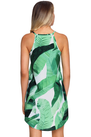 Green Leaf Print Sleeveless Dress