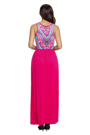 Stylish Tribal Print Sleeveless Rosy Maxi Dress