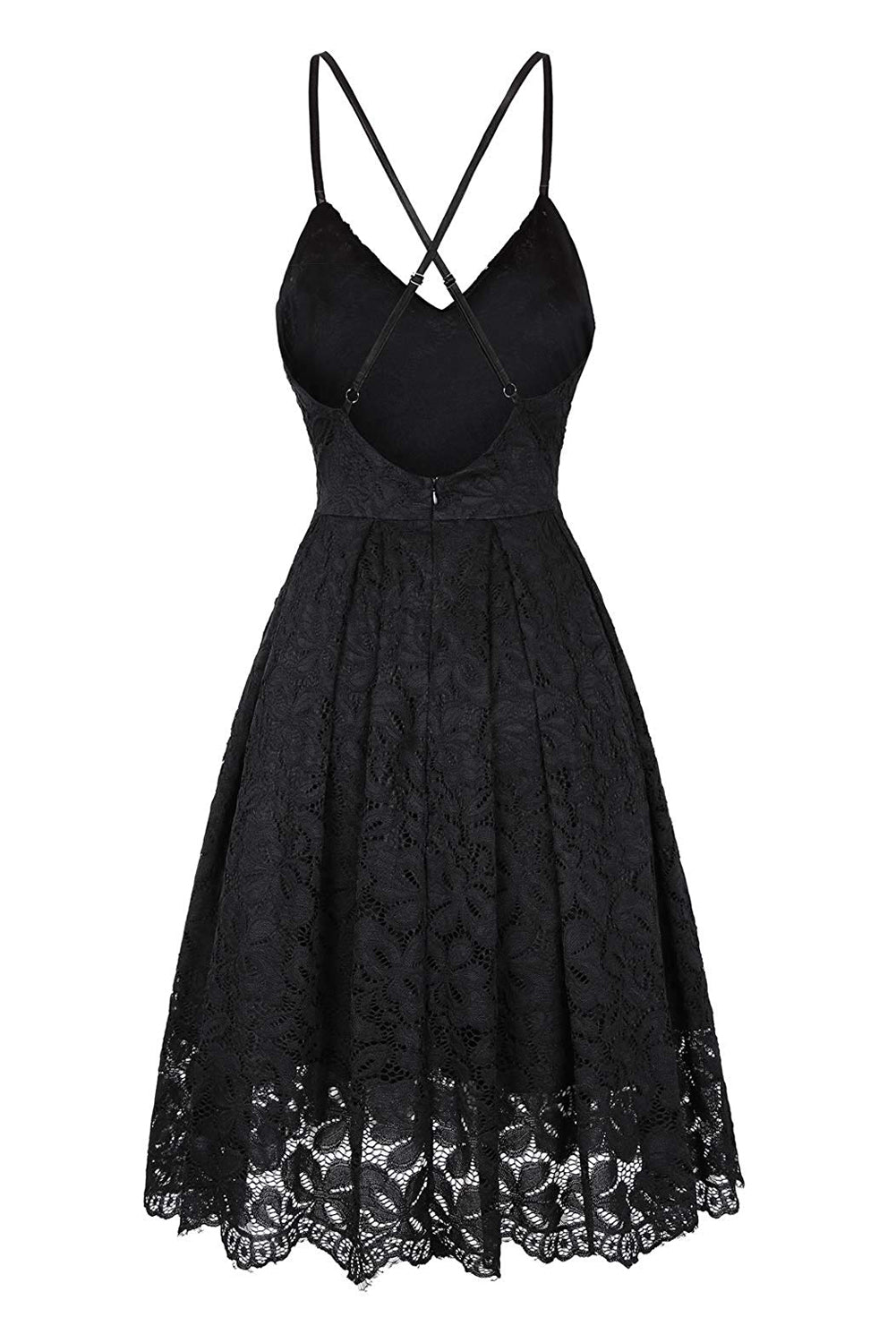 Black Lace Floral V Neck Backless Cocktail A-Line Dress