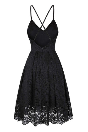 Black Lace Floral V Neck Backless Cocktail A-Line Dress