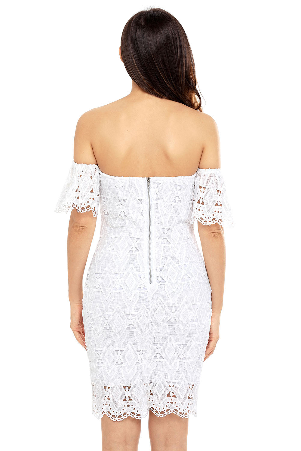 White Short Sleeve Off Shoulder Diamond Lace Bodycon Dress