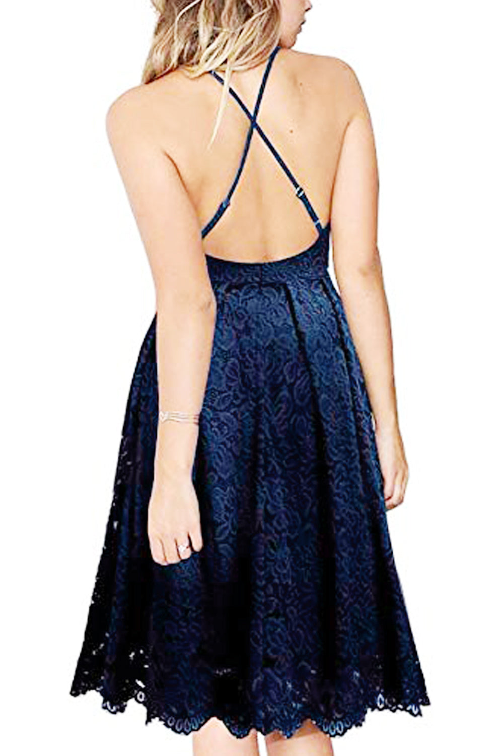 Blue Lace Floral V Neck Backless Cocktail A-Line Dress