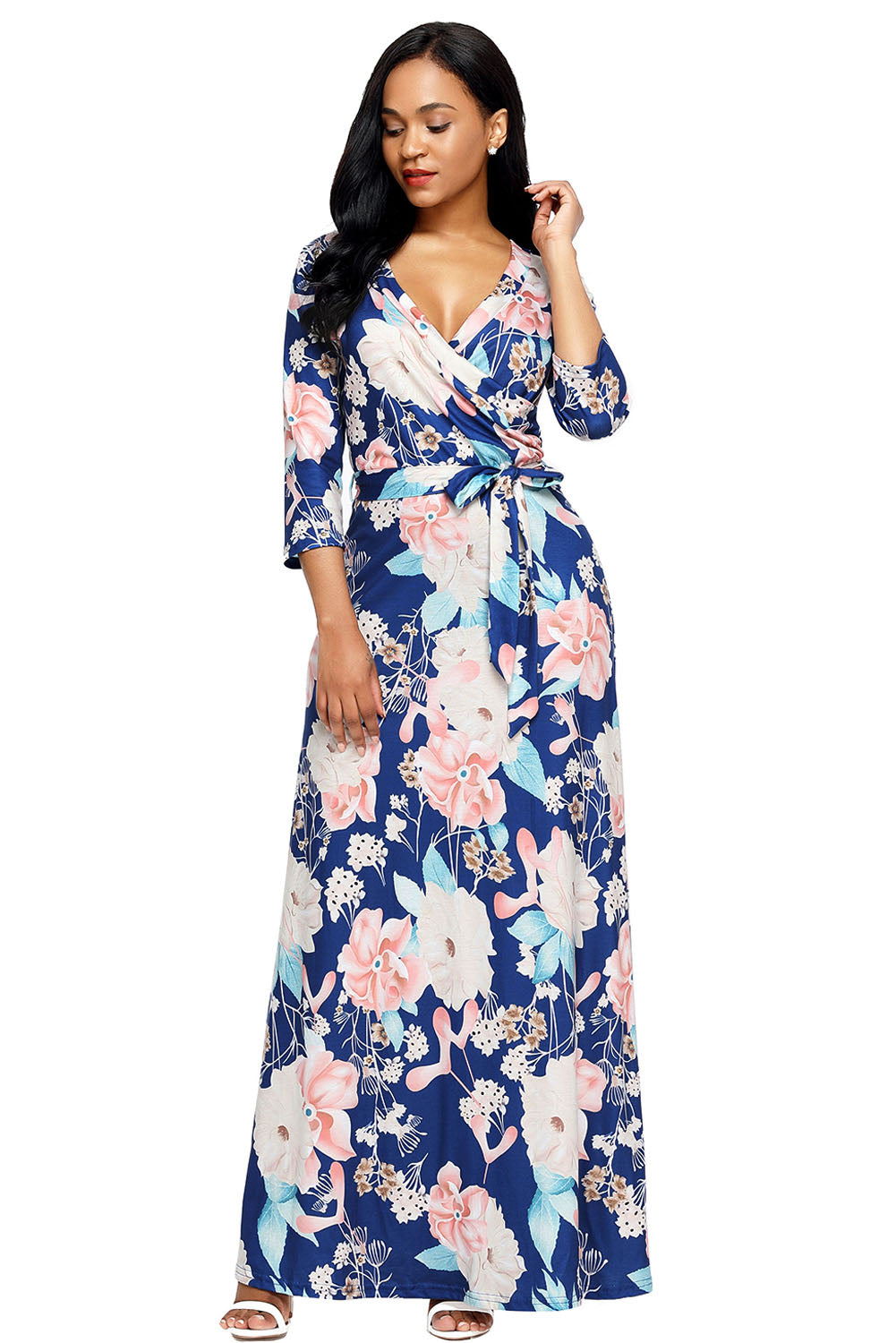 Slate Blue Floral Print Wrapped Long Boho Dress