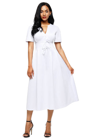 White Split Neck Short Sleeve Midi Dress with Bowknots