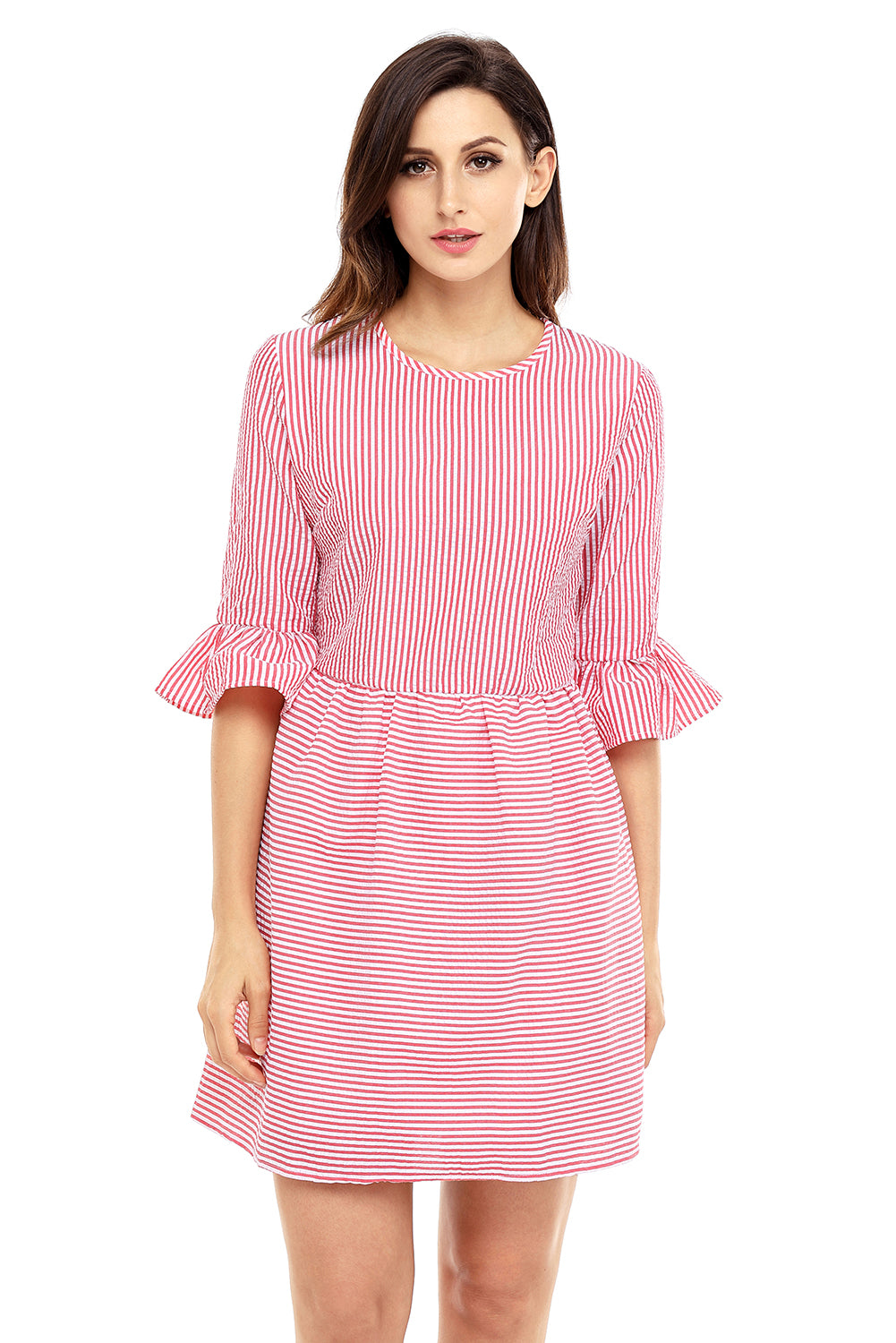 Red White Stripe Flounce Sleeve Seersucker Dress