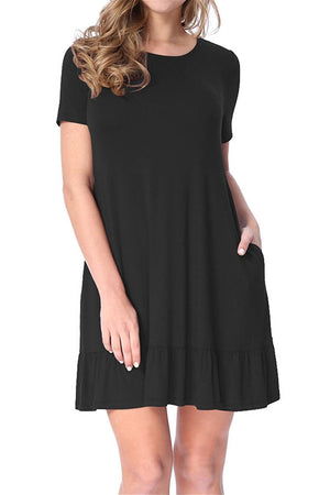 Black Short Sleeve Draped Hemline Casual Shirt Dress