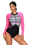 Aztec Print Blue Rashguard Long Sleeve One Piece Swimsuit