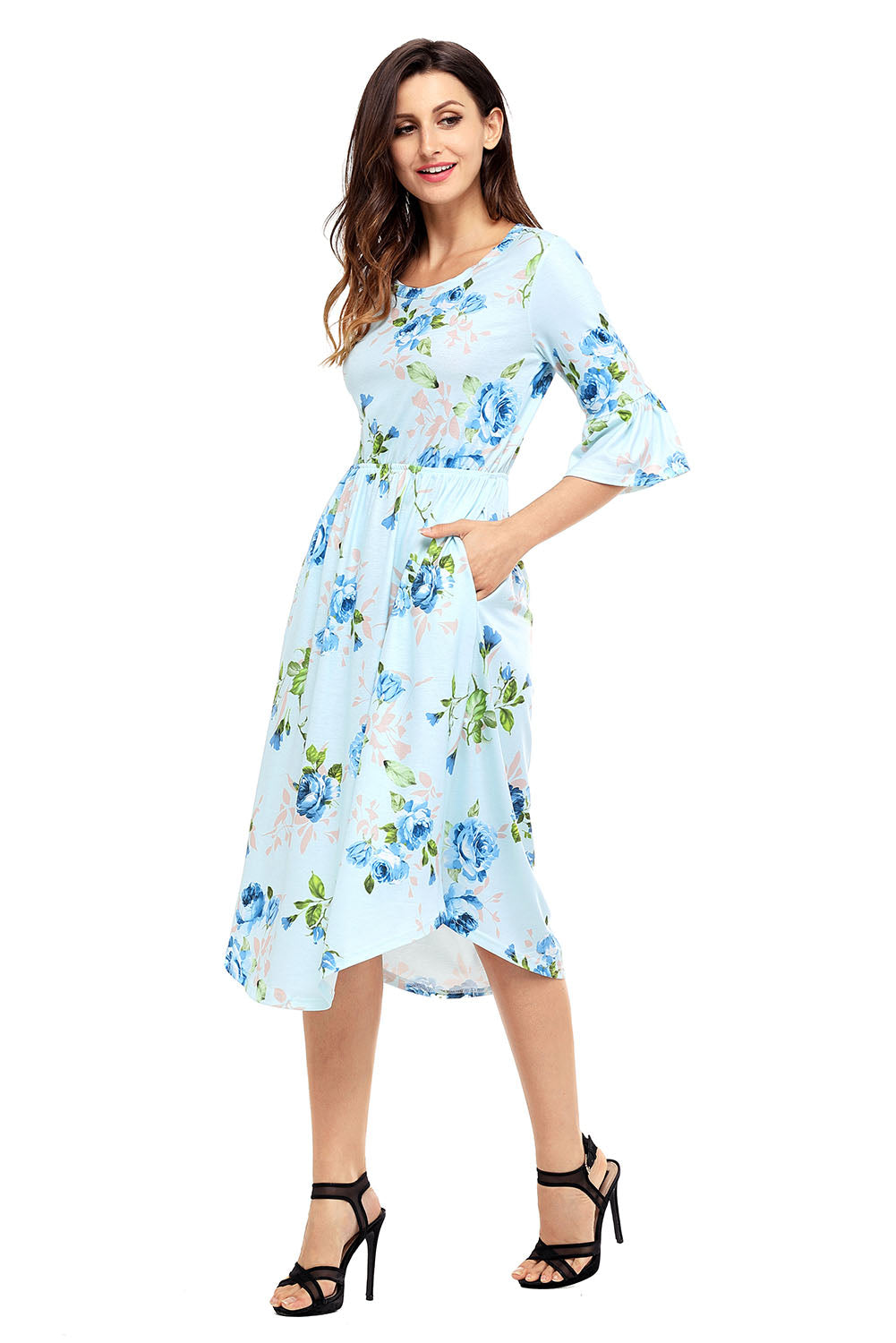 Light Blue 3/4 Bell Sleeve Floral Midi Dress