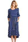 Navy White Striped Bell Sleeve Hi-low Midi Dress