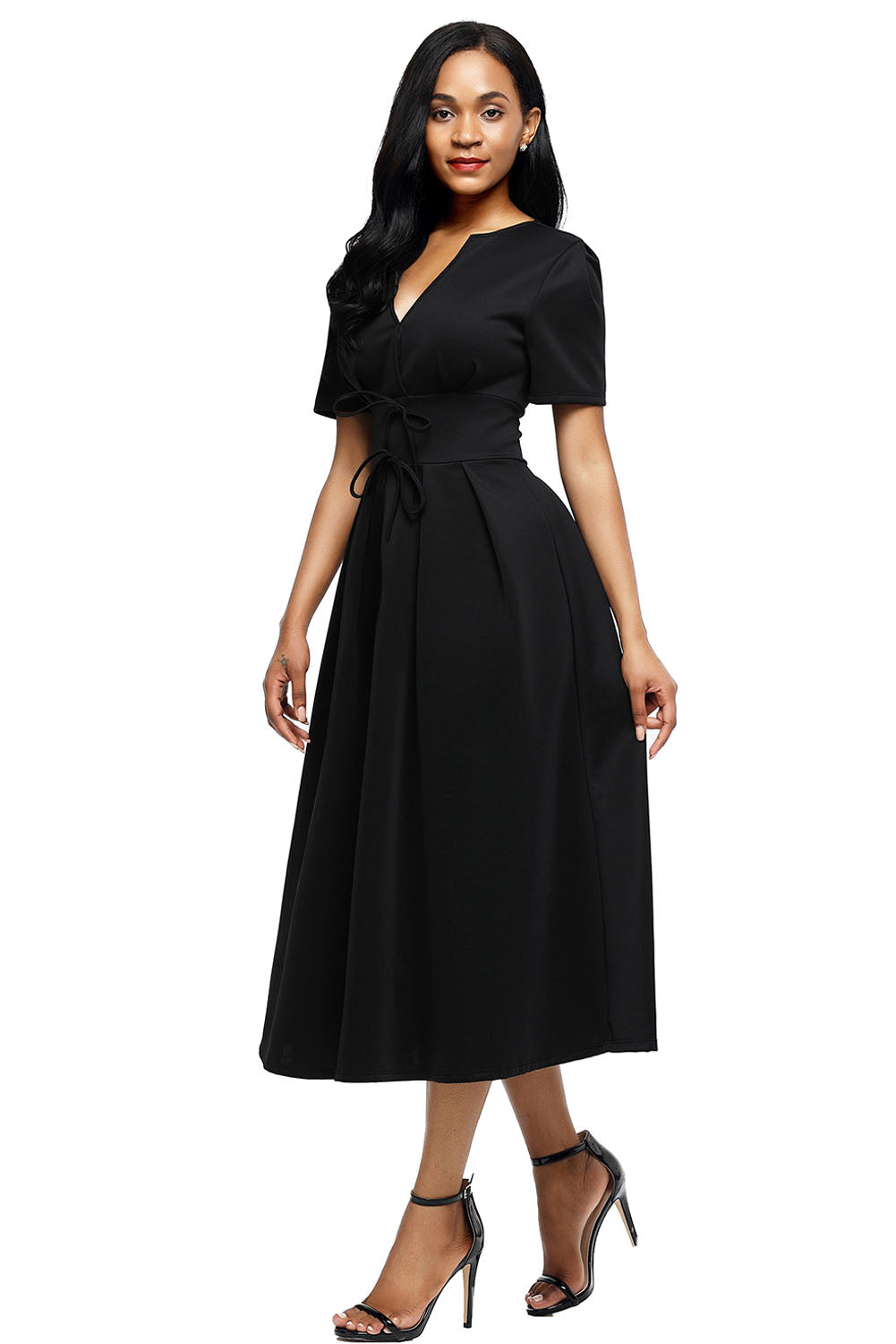 Black Split Neck Short Sleeve Midi Dress with Bowknots