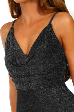 Style Star Black Lurex Cowl Neck Bodycon Midi Dress