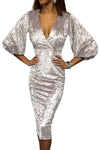 Apricot Glistening V Neck Velvet Midi Dress