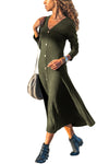 Army Green Button Front Long Sleeve Ribbed Midi Dress