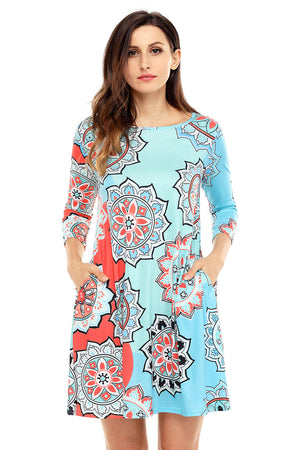 Bohemian Sunflower Print Aqua Blue Dress