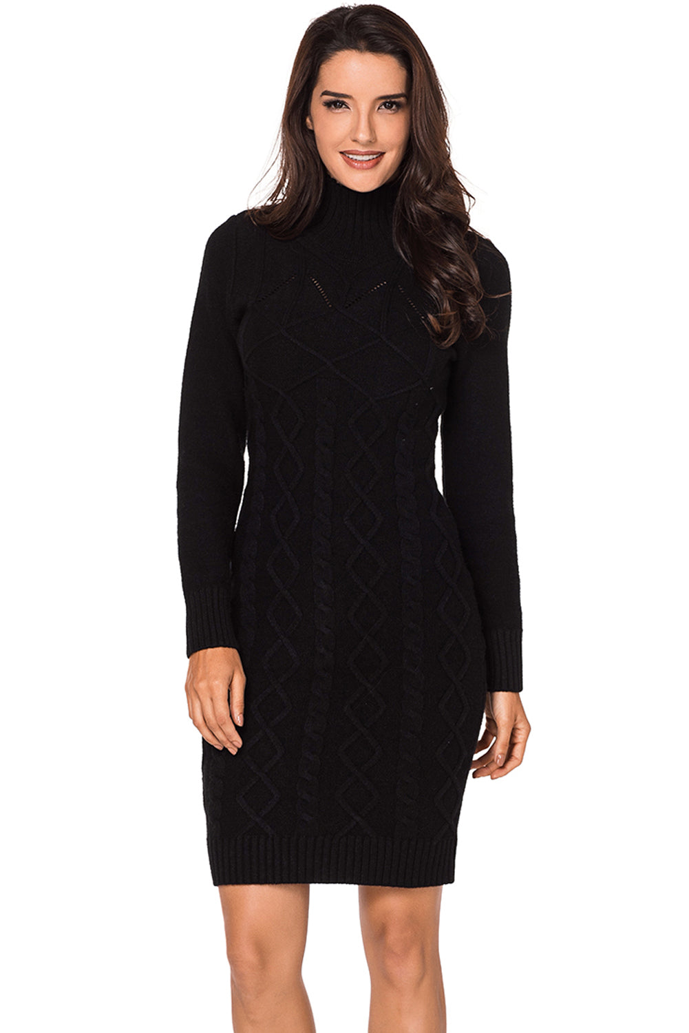 Black Cable Knit High Neck Sweater Dress