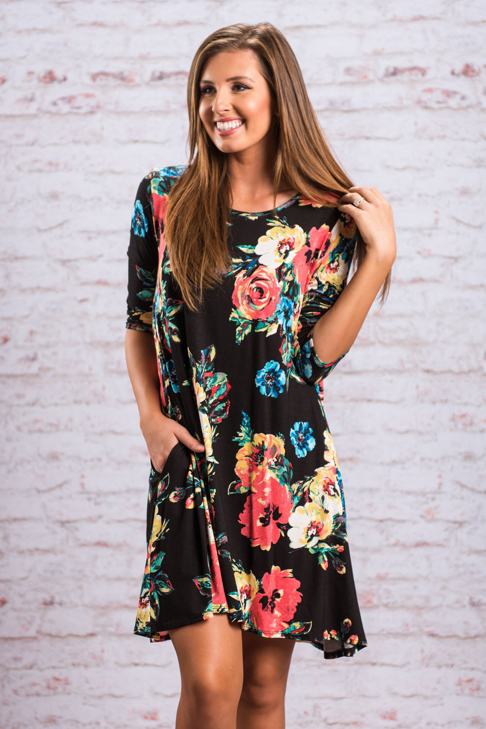 Black Floral Long Sleeve A-Line Tunic Dress