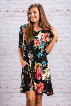 Black Floral Long Sleeve A-Line Tunic Dress