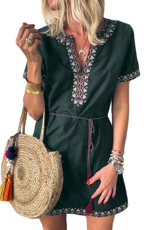 Green Summer Boho Embroidered V Neck Short Sleeve Casual Mini Dress