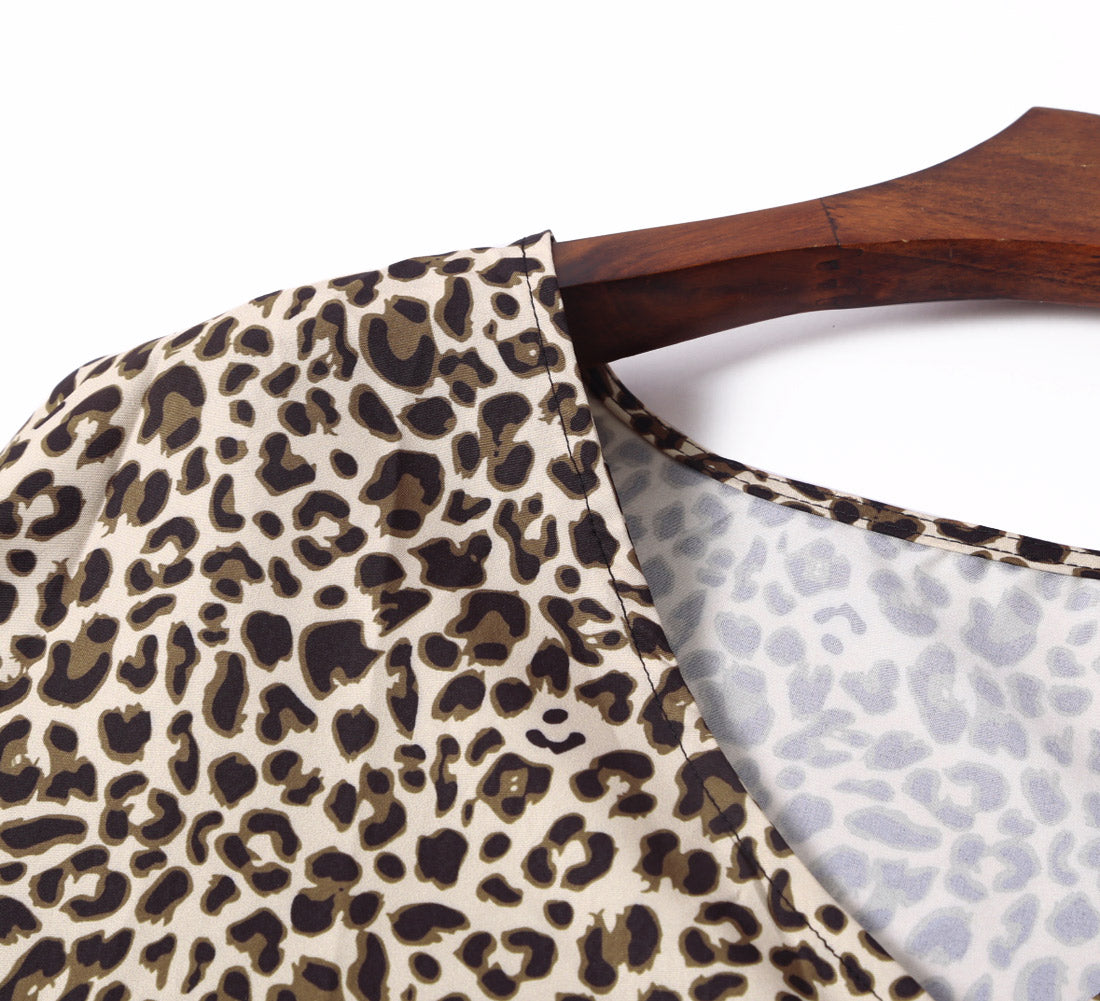 Leopard Print V Neck Button Half Sleeves Swing Dress