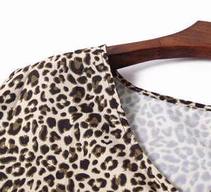 Leopard Print V Neck Button Half Sleeves Swing Dress
