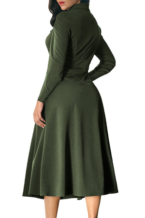 Army Green Vintage Button Collared Fit-and-flare Dress