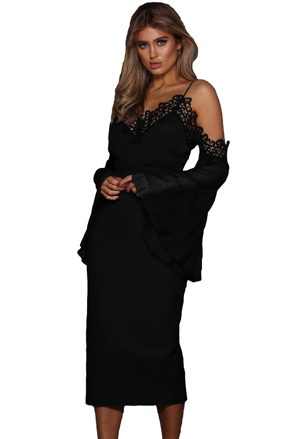 Black Chiffon Bell Sleeve Boho Lacy Midi Dress