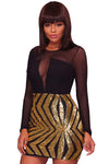 Black Sheer Mesh Long Sleeve Gold Sequin Club Dress