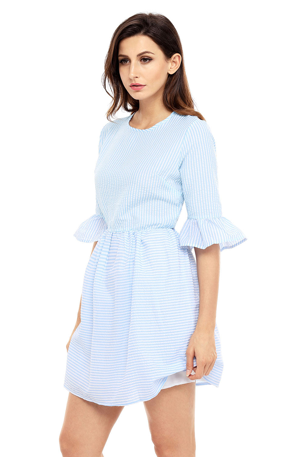 Blue White Stripe Flounce Sleeve Seersucker Dress