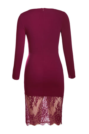 Burgundy Eyelash Lace Overlay Long Sleeve Bodycon Dress