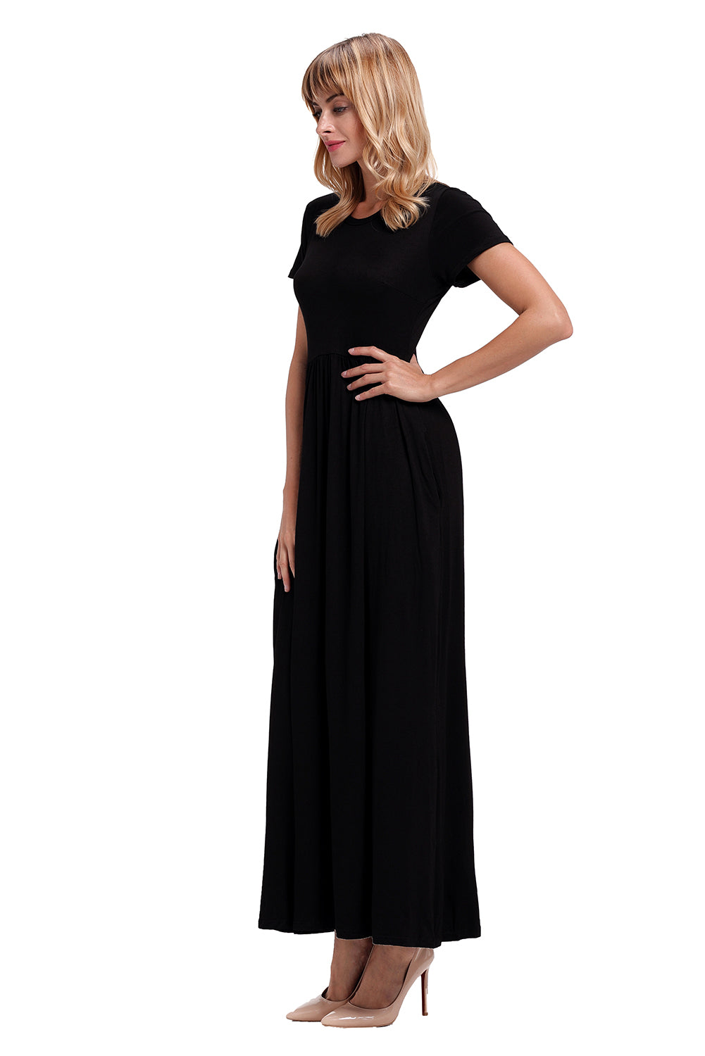 Black Short Sleeve Ruched Waist Maxi Dress