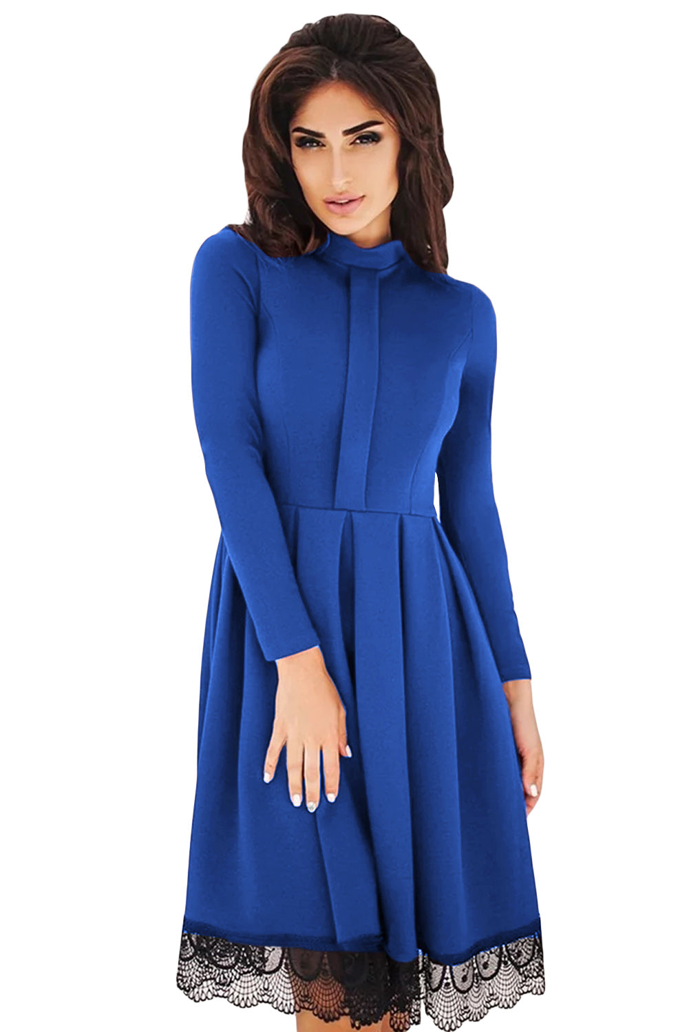 Lace Hemline Detail Royal Blue Long Sleeve Skater Dress