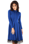 Lace Hemline Detail Royal Blue Long Sleeve Skater Dress