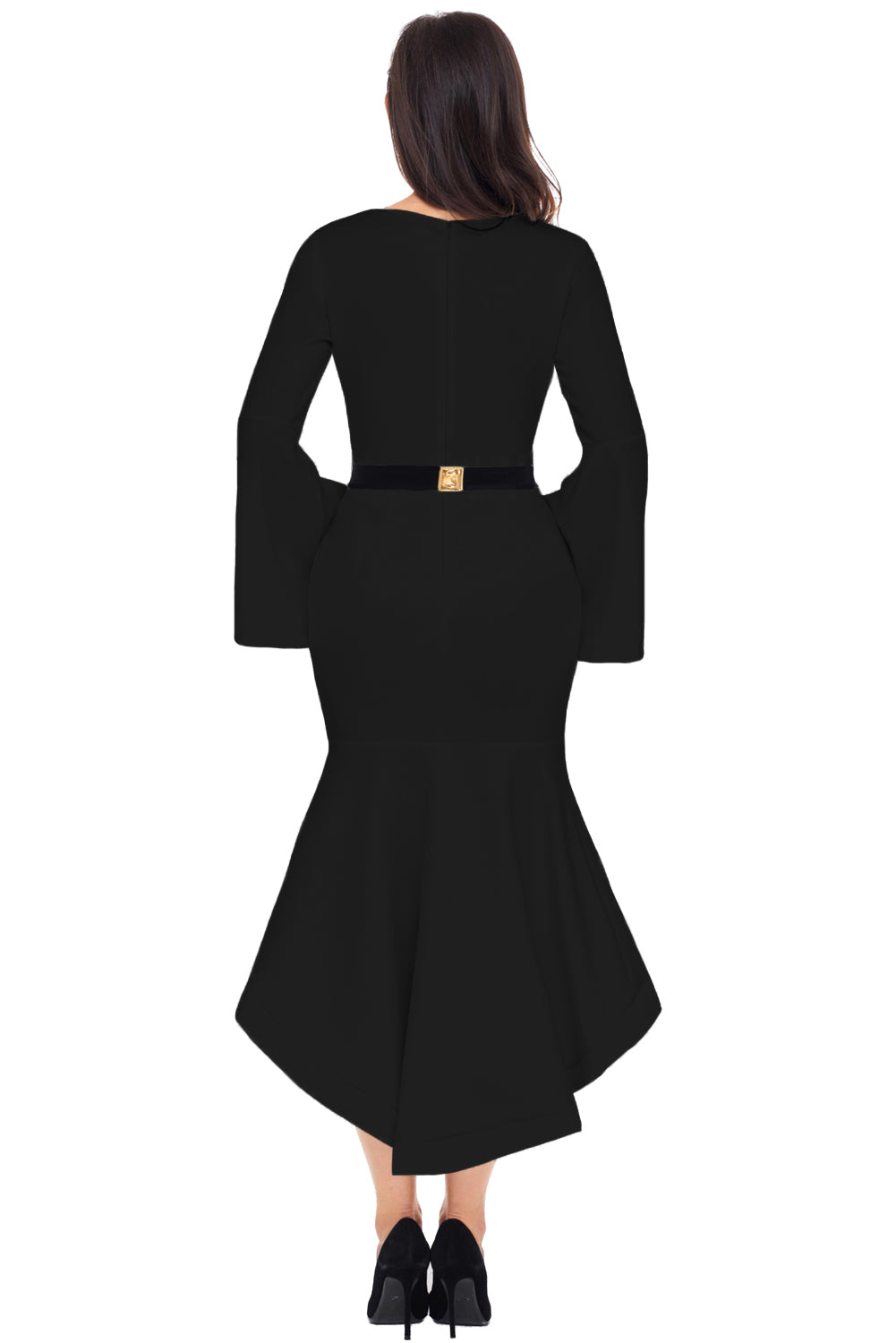 Black Bell Sleeve Dip Hem Belted Dress