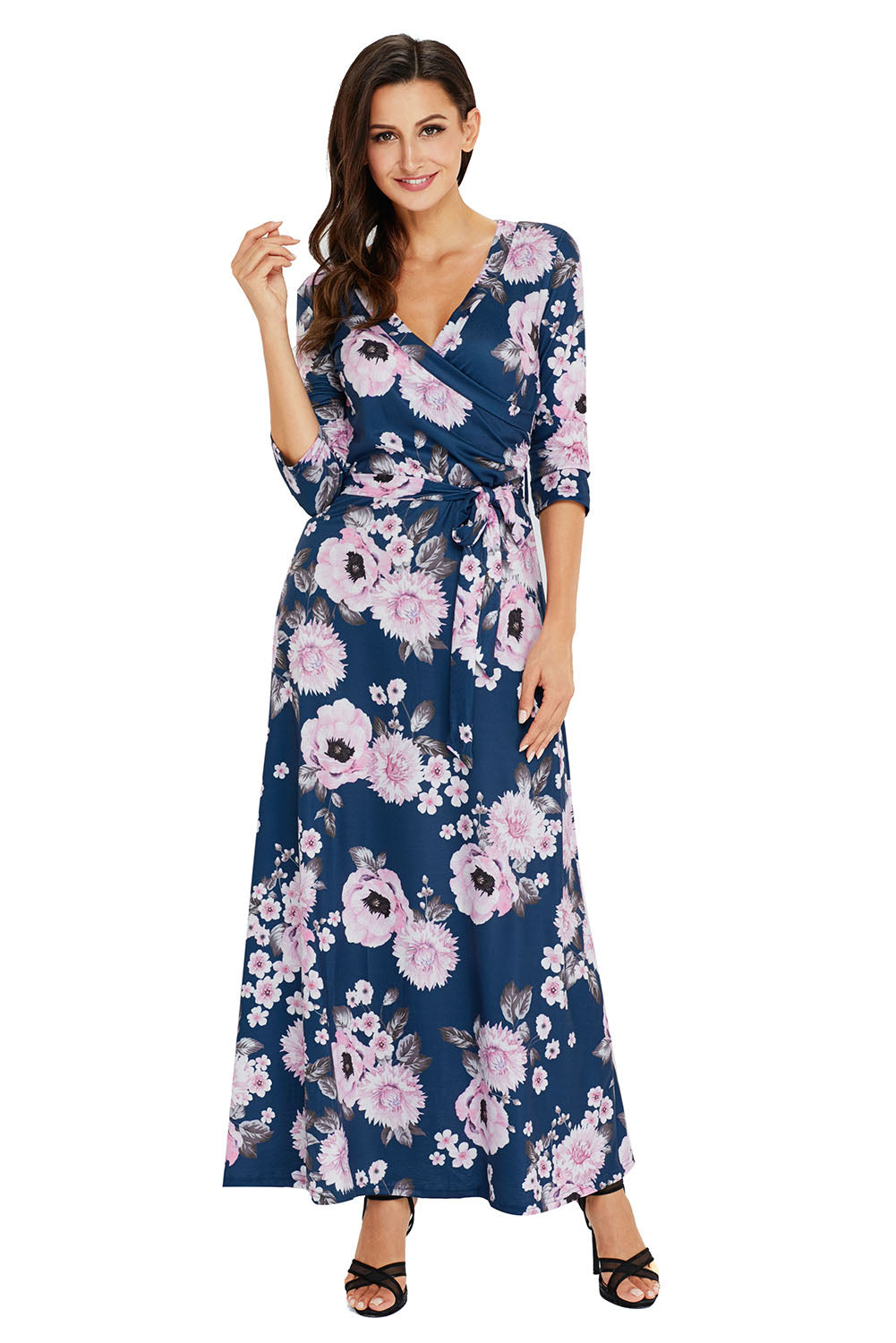 Navy Blue Blooming Flower Print Wrap V Neck Boho Dress
