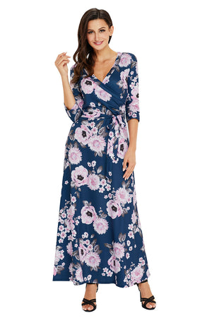Navy Blue Blooming Flower Print Wrap V Neck Boho Dress