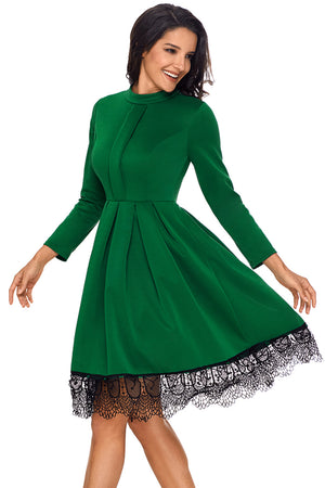 Lace Hemline Detail Green Long Sleeve Skater Dress