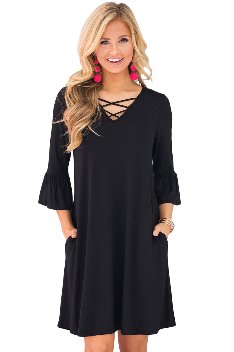 Black Crisscross V Neck Quarter Sleeve Short Jersey Dress