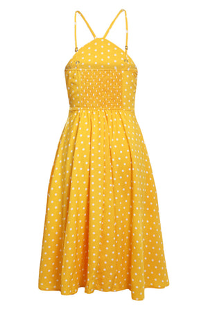 Yellow White Polka Dot Flared Vintage Dress